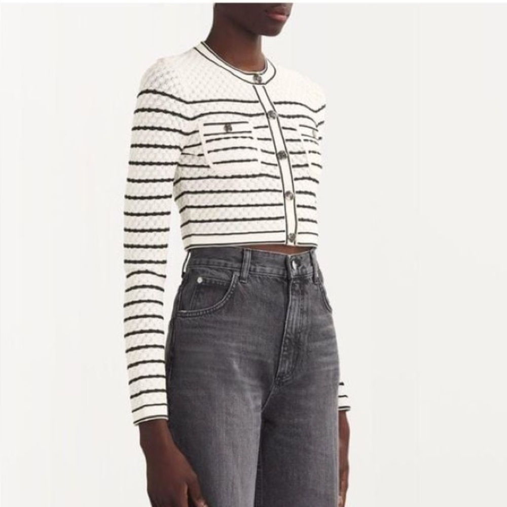 SANDRO Cropped White and Black Striped Cardigan Gold Hardware Buttons Sz 2 = Med - Picture 10 of 12